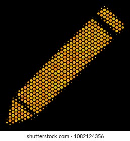 Halftone hexagonal Edit Pencil icon. Bright golden pictogram with honeycomb geometric structure on a black background. Vector pattern of edit pencil icon created of honeycomb items.