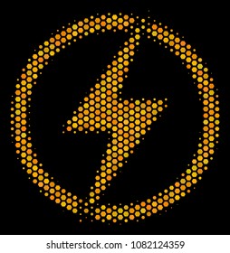 Halftone hexagonal Electric Power icon. Bright golden pictogram with honeycomb geometric structure on a black background. Vector composition of electric power icon organized of hexagonal blots.