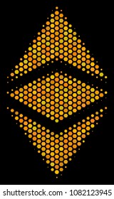 Halftone hexagonal Ethereum Classic icon. Bright golden pictogram with honeycomb geometric pattern on a black background. Vector mosaic of ethereum classic icon composed of honeycomb dots.