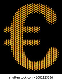 Halftone hexagonal Euro Symbol icon. Bright gold pictogram with honey comb geometric structure on a black background. Vector composition of euro symbol icon created of hexagonal elements.
