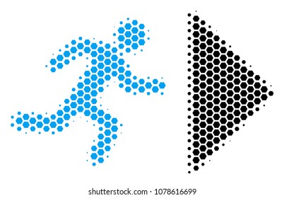 Halftone hexagonal Exit Direction icon. Pictogram on a white background. Vector collage of exit direction icon created of hexagonal items.