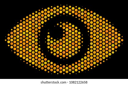 Halftone hexagonal Eye icon. Bright golden pictogram with honey comb geometric structure on a black background. Vector composition of eye icon organized of honeycomb spots.