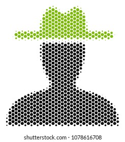 Halftone hexagonal Farmer icon. Pictogram on a white background. Vector pattern of farmer icon organized of hexagon spots.
