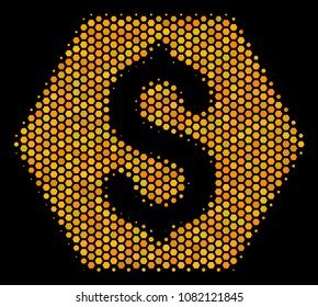 Halftone hexagonal Finance icon. Bright gold pictogram with honeycomb geometric pattern on a black background. Vector concept of finance icon constructed of hexagonal pixels.
