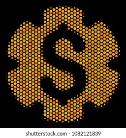 Halftone hexagonal Financial Settings Gear icon. Bright gold pictogram with honeycomb geometric structure on a black background.