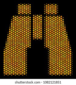 Halftone hexagonal Find Binoculars icon. Bright golden pictogram with honey comb geometric pattern on a black background. Vector concept of find binoculars icon done of honeycomb items.