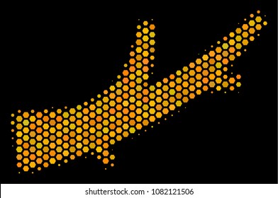 Halftone hexagonal Firewood icon. Bright gold pictogram with honey comb geometric structure on a black background. Vector collage of firewood icon designed of honeycomb items.