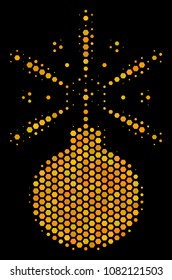 Halftone hexagonal Fireworks Detonator icon. Bright gold pictogram with honey comb geometric pattern on a black background. Vector mosaic of fireworks detonator icon constructed of hexagonal cells.