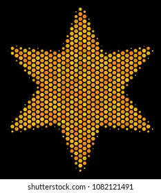 Halftone hexagonal Fireworks Star icon. Bright yellow pictogram with honeycomb geometric pattern on a black background. Vector collage of fireworks star icon created of hexagon elements.
