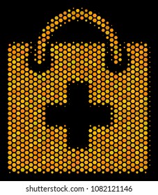Halftone hexagonal First Aid Kit icon. Bright yellow pictogram with honey comb geometric pattern on a black background. Vector collage of first aid kit icon organized of honeycomb blots.
