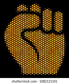 Halftone hexagonal Fist icon. Bright gold pictogram with honeycomb geometric structure on a black background. Vector concept of fist icon constructed of hexagon dots.