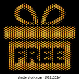 Halftone hexagonal Free Gift icon. Bright gold pictogram with honeycomb geometric structure on a black background. Vector mosaic of free gift icon made of honeycomb spots.