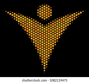 Halftone hexagonal Futuristic Man icon. Bright gold pictogram with honeycomb geometric pattern on a black background. Vector collage of futuristic man icon designed of hexagonal items.