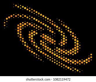 Halftone hexagonal Galaxy icon. Bright golden pictogram with honey comb geometric structure on a black background. Vector pattern of galaxy icon composed of hexagonal pixels.