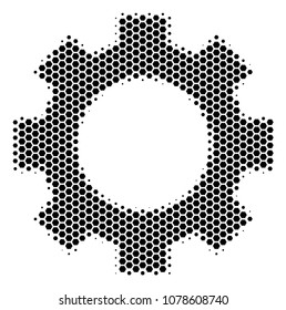 Halftone hexagonal Gear icon. Pictogram on a white background. Vector composition of gear icon combined of hexagon blots.