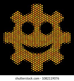 Halftone hexagonal Gear Smile Smiley icon. Bright golden pictogram with honeycomb geometric pattern on a black background. Vector pattern of gear smile smiley icon created of hexagon spots.