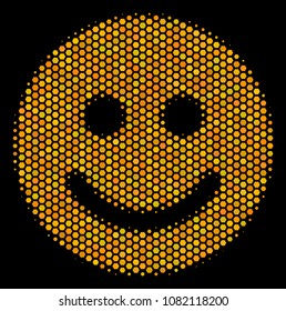 Halftone hexagonal Glad Smile icon. Bright gold pictogram with honeycomb geometric structure on a black background. Vector collage of glad smile icon created of hexagon dots.