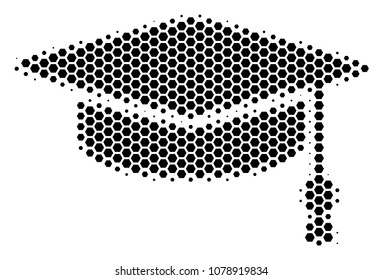Halftone hexagonal Graduation Cap icon. Pictogram on a white background. Vector collage of graduation cap icon created of hexagon pixels.