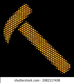 Halftone hexagonal Hammer icon. Bright yellow pictogram with honey comb geometric pattern on a black background. Vector mosaic of hammer icon made of hexagonal blots.