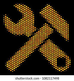 Halftone hexagonal Hammer And Wrench icon. Bright yellow pictogram with honey comb geometric pattern on a black background. Vector composition of hammer and wrench icon composed of honeycomb items.