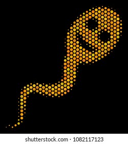 Halftone hexagonal Happy Spermatozoon icon. Bright gold pictogram with honeycomb geometric pattern on a black background. Vector composition of happy spermatozoon icon combined of hexagon spots.