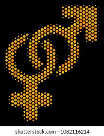 Halftone hexagonal Heterosexual Symbol icon. Bright gold pictogram with honeycomb geometric pattern on a black background. Vector composition of heterosexual symbol icon created of hexagonal elements.