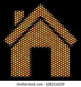 Halftone hexagonal Home icon. Bright yellow pictogram with honeycomb geometric pattern on a black background. Vector collage of home icon organized of hexagonal blots.