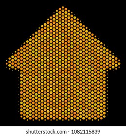 Halftone hexagonal House icon. Bright gold pictogram with honey comb geometric pattern on a black background. Vector mosaic of house icon made of hexagon pixels.
