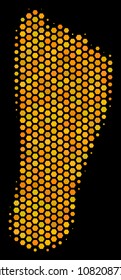 Halftone hexagonal Human Footprint icon. Bright gold pictogram with honey comb geometric pattern on a black background. Vector mosaic of human footprint icon organized of hexagonal elements.
