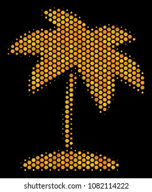 Halftone hexagonal Island Tropic Palm icon. Bright yellow pictogram with honey comb geometric structure on a black background. Vector pattern of island tropic palm icon created of hexagon items.