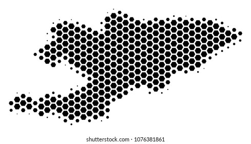 Halftone hexagonal Kyrgyzstan Map. Vector geographical map on a white background. Vector collage of Kyrgyzstan Map made of hexagonal pixels.