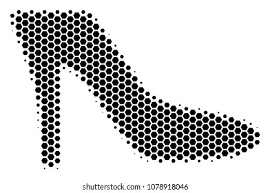 Halftone hexagonal Lady Shoe icon. Pictogram on a white background. Vector mosaic of lady shoe icon made of hexagon pixels.