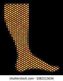 Halftone hexagonal Leg icon. Bright gold pictogram with honeycomb geometric structure on a black background. Vector collage of leg icon made of honeycomb blots.