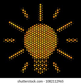 Halftone hexagonal Light Bulb icon. Bright golden pictogram with honey comb geometric pattern on a black background. Vector collage of light bulb icon created of hexagonal pixels.