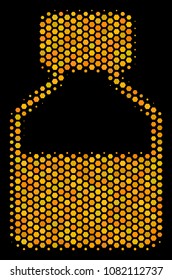 Halftone hexagonal Liquid Bottle icon. Bright gold pictogram with honeycomb geometric structure on a black background. Vector composition of liquid bottle icon created of honeycomb items.