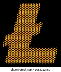 Halftone hexagonal Litecoin icon. Bright golden pictogram with honey comb geometric structure on a black background. Vector composition of litecoin icon made of honeycomb spots.