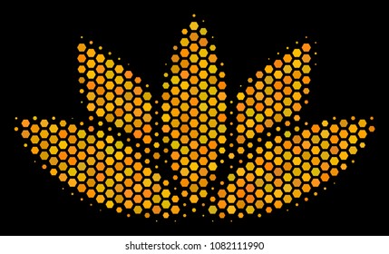 Halftone hexagonal Lotus Flower icon. Bright golden pictogram with honeycomb geometric pattern on a black background. Vector mosaic of lotus flower icon constructed of hexagonal elements.