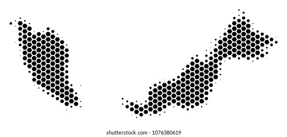 Halftone hexagonal Malaysia Map. Vector geographic map on a white background. Vector pattern of Malaysia Map constructed of hexagon pixels.