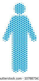 Halftone hexagonal Man Person icon. Pictogram on a white background. Vector mosaic of man person icon created of hexagonal dots.