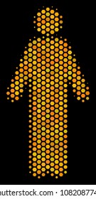 Halftone hexagonal Man Person icon. Bright gold pictogram with honeycomb geometric structure on a black background. Vector pattern of man person icon done of hexagonal blots.