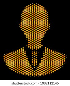 Halftone hexagonal Manager icon. Bright golden pictogram with honeycomb geometric pattern on a black background. Vector collage of manager icon created of hexagon pixels.