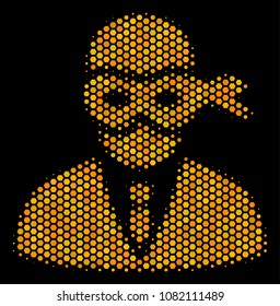 Halftone hexagonal Masked Thief icon. Bright gold pictogram with honey comb geometric pattern on a black background. Vector pattern of masked thief icon created of hexagon elements.