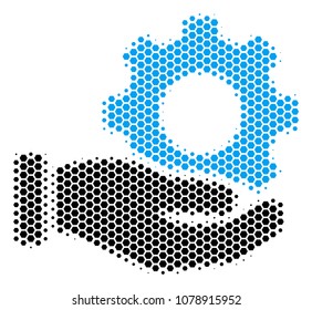 Halftone hexagonal Mechanic Gear Service Hand icon. Pictogram on a white background. Vector composition of mechanic gear service hand icon designed of hexagon items.