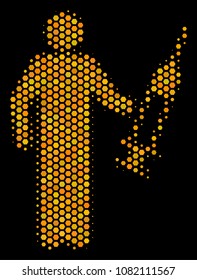 Halftone hexagonal Medic icon. Bright yellow pictogram with honeycomb geometric structure on a black background. Vector composition of medic icon created of honeycomb elements.