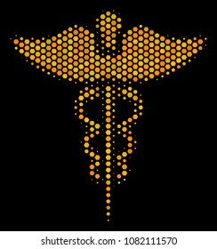 Halftone hexagonal Medicine Caduceus Symbol icon. Bright gold pictogram with honey comb geometric pattern on a black background.
