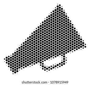 Halftone hexagonal Megaphone icon. Pictogram on a white background. Vector concept of megaphone icon composed of hexagonal spots.