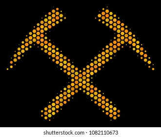Halftone hexagonal Mining Hammers icon. Bright gold pictogram with honeycomb geometric structure on a black background. Vector pattern of mining hammers icon done of hexagonal blots.