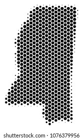 Halftone hexagonal Mississippi State Map. Vector geographic map on a white background. Vector mosaic of Mississippi State Map organized of hexagon pixels.