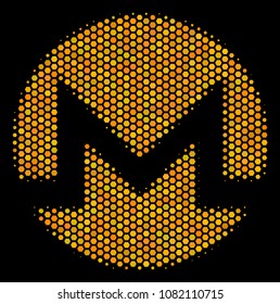 Halftone hexagonal Monero Currency icon. Bright golden pictogram with honeycomb geometric pattern on a black background. Vector pattern of monero currency icon designed of hexagonal cells.
