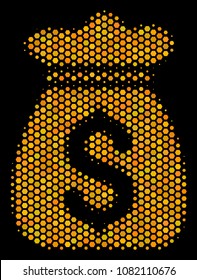 Halftone hexagonal Money Bag icon. Bright yellow pictogram with honeycomb geometric pattern on a black background. Vector collage of money bag icon designed of hexagonal pixels.